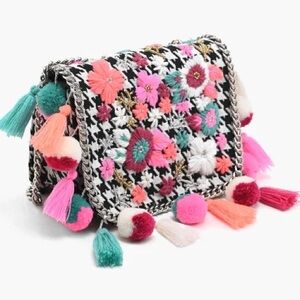 Handmade Colorful Floral Embroidered Houndstooth Bag with Tassels & Pom Poms